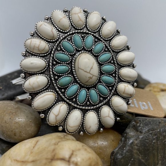 Southwest Turquoise White Buffalo large concho stone silver cuff bracelet Oval - Picture 3 of 9